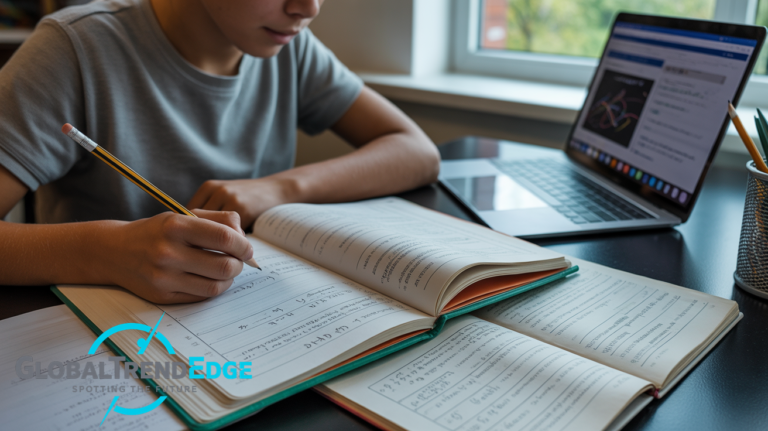 A student sitting at a desk writing in an open mathematics textbook with a pencil next to a laptop displaying online learning resources, illustrating a study session for an independent practice lesson.